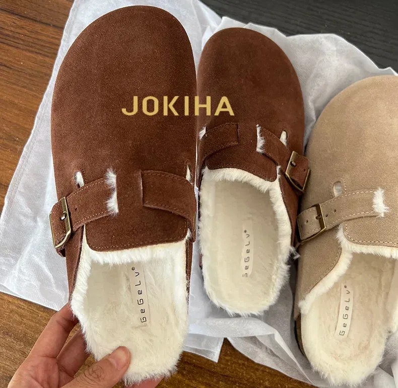 2023 Women's Closed Toe Slippers Cow Suede Leather Clogs Sandals For Women Retro Fashion Garden Mule Clog Slides 35-39