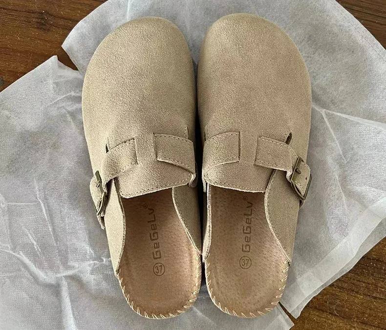 2023 Women's Closed Toe Slippers Cow Suede Leather Clogs Sandals For Women Retro Fashion Garden Mule Clog Slides 35-39