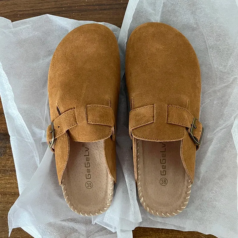 2023 Women's Closed Toe Slippers Cow Suede Leather Clogs Sandals For Women Retro Fashion Garden Mule Clog Slides 35-39