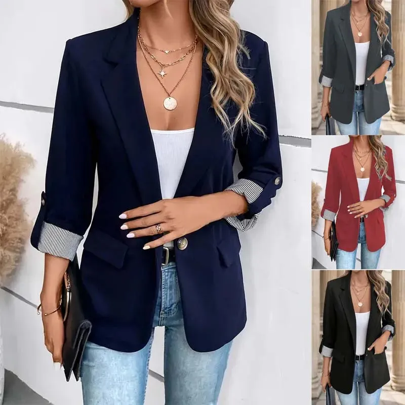 2025 Women's Slim Fit Casual Button Blazer European Style Roll Up 7-Pt Sleeve Trendy Suit Jacket