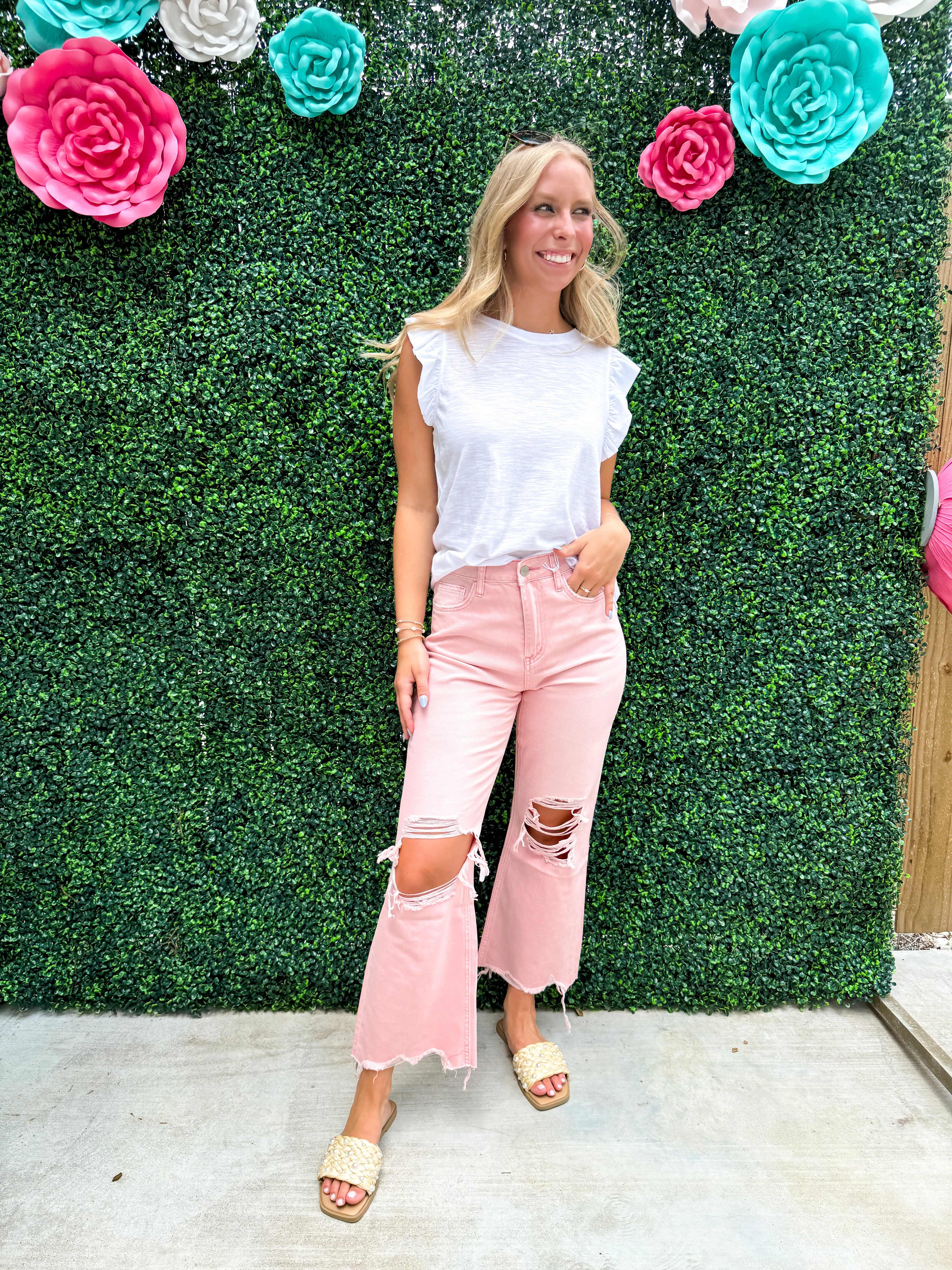 90's Vintage Crop Flare Jean - Powder Pink