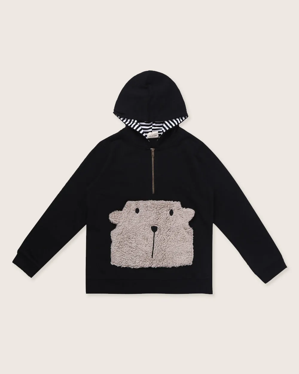 Black Bear Face Fur Applique Hoodie
