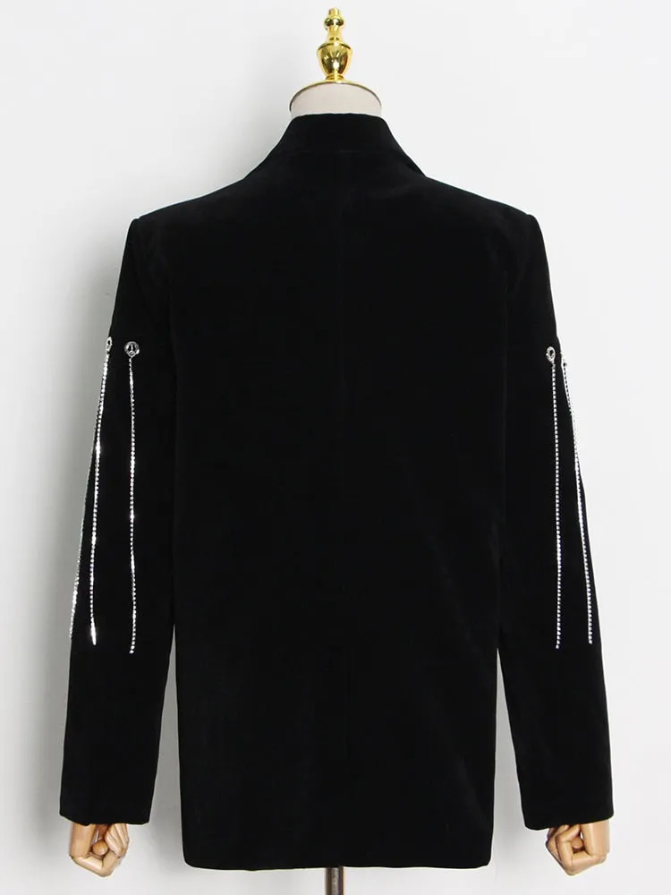 Black Casual Patchwork Diamonds Tassel Female Jacket