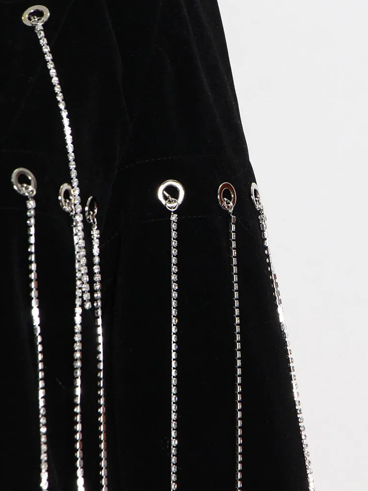 Black Casual Patchwork Diamonds Tassel Female Jacket