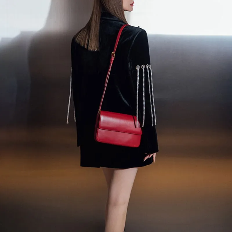 Black Casual Patchwork Diamonds Tassel Female Jacket