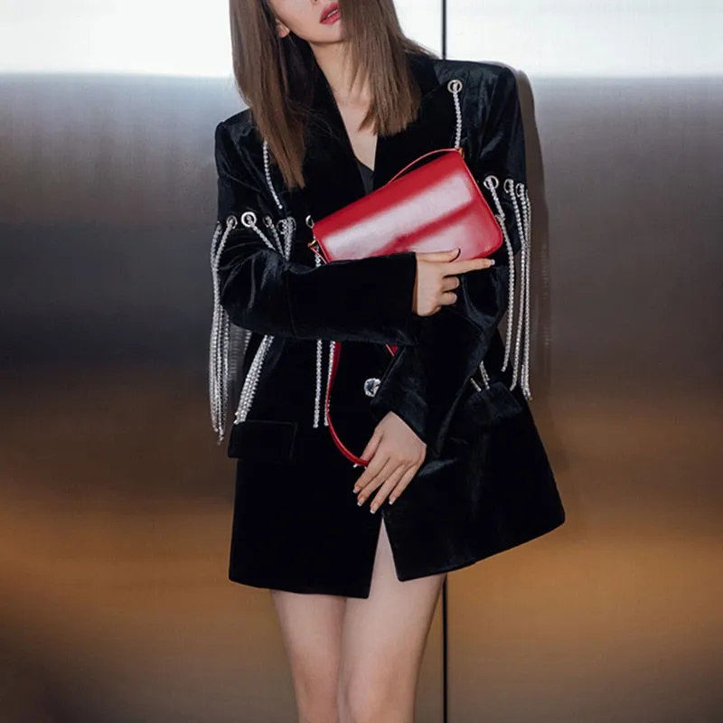 Black Casual Patchwork Diamonds Tassel Female Jacket