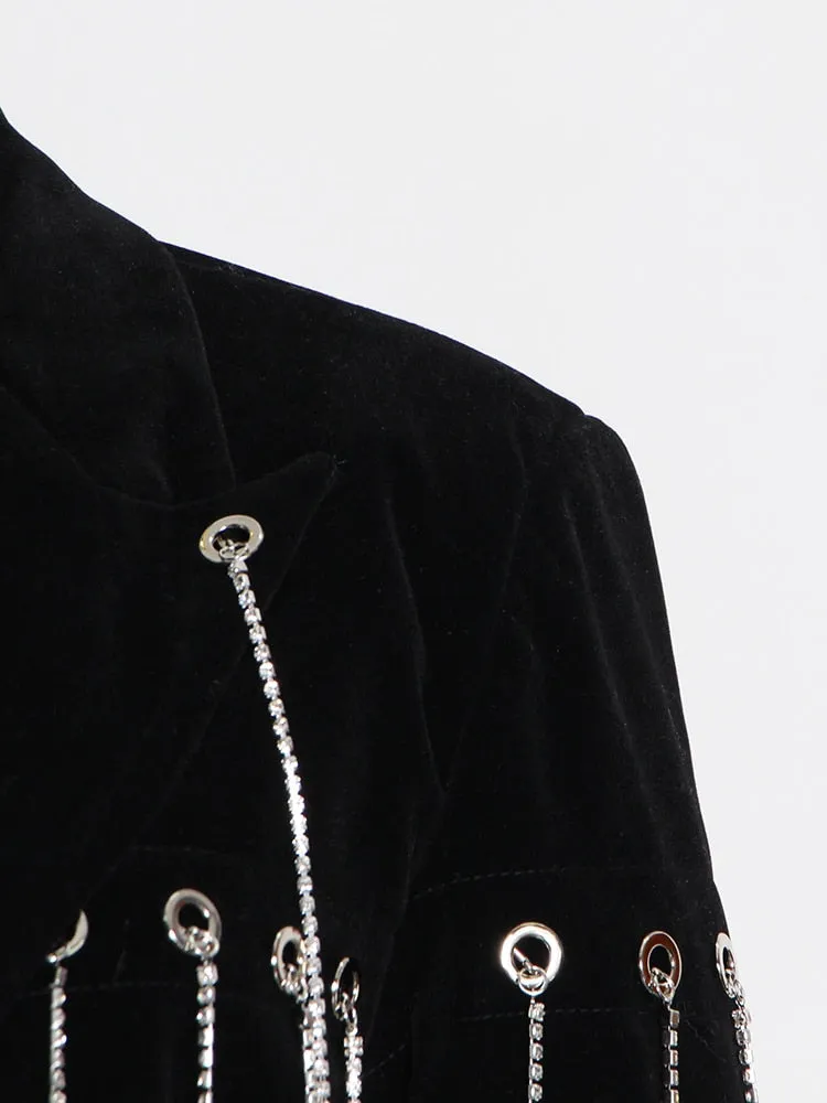 Black Casual Patchwork Diamonds Tassel Female Jacket