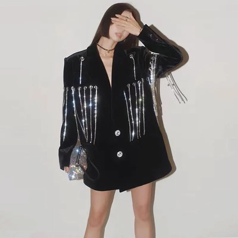Black Casual Patchwork Diamonds Tassel Female Jacket