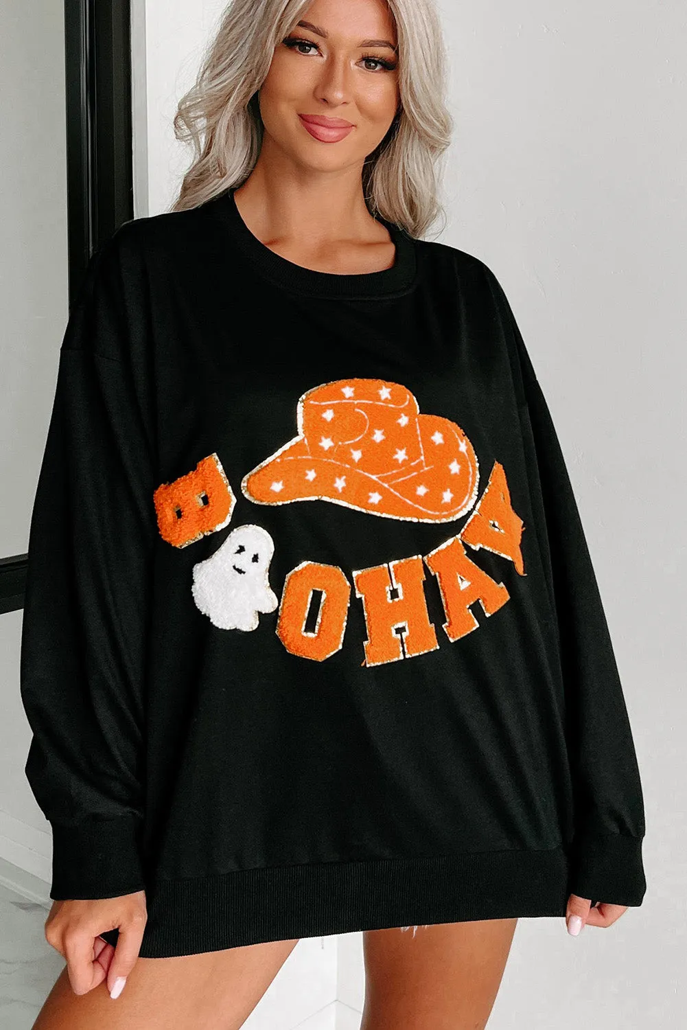 Black Cowboy Hat & Letters Graphic Sweatshirt