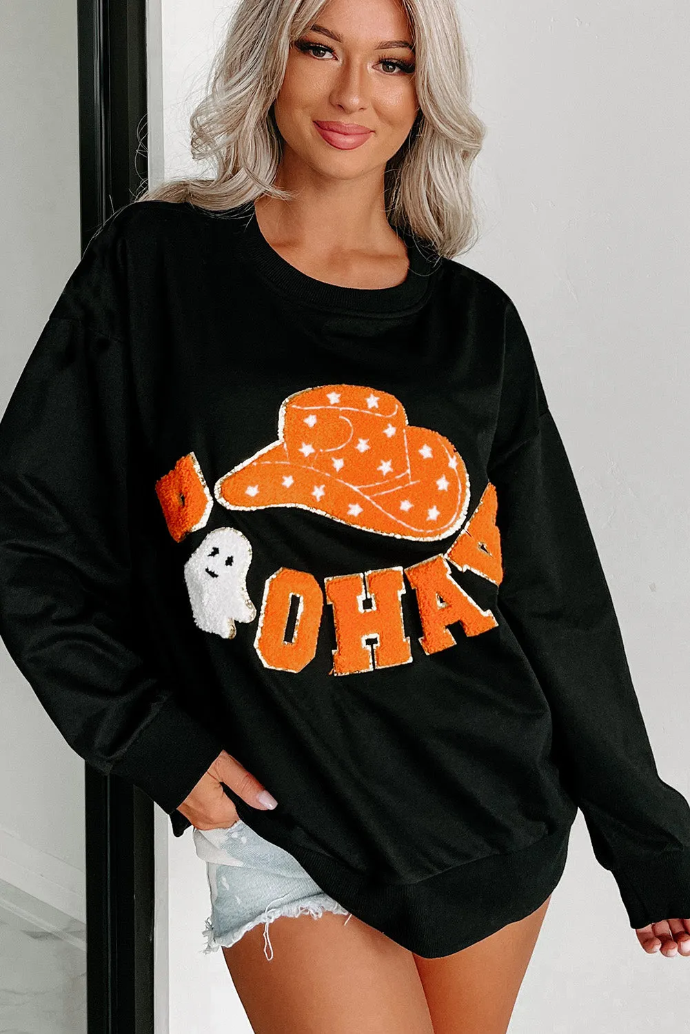 Black Cowboy Hat & Letters Graphic Sweatshirt