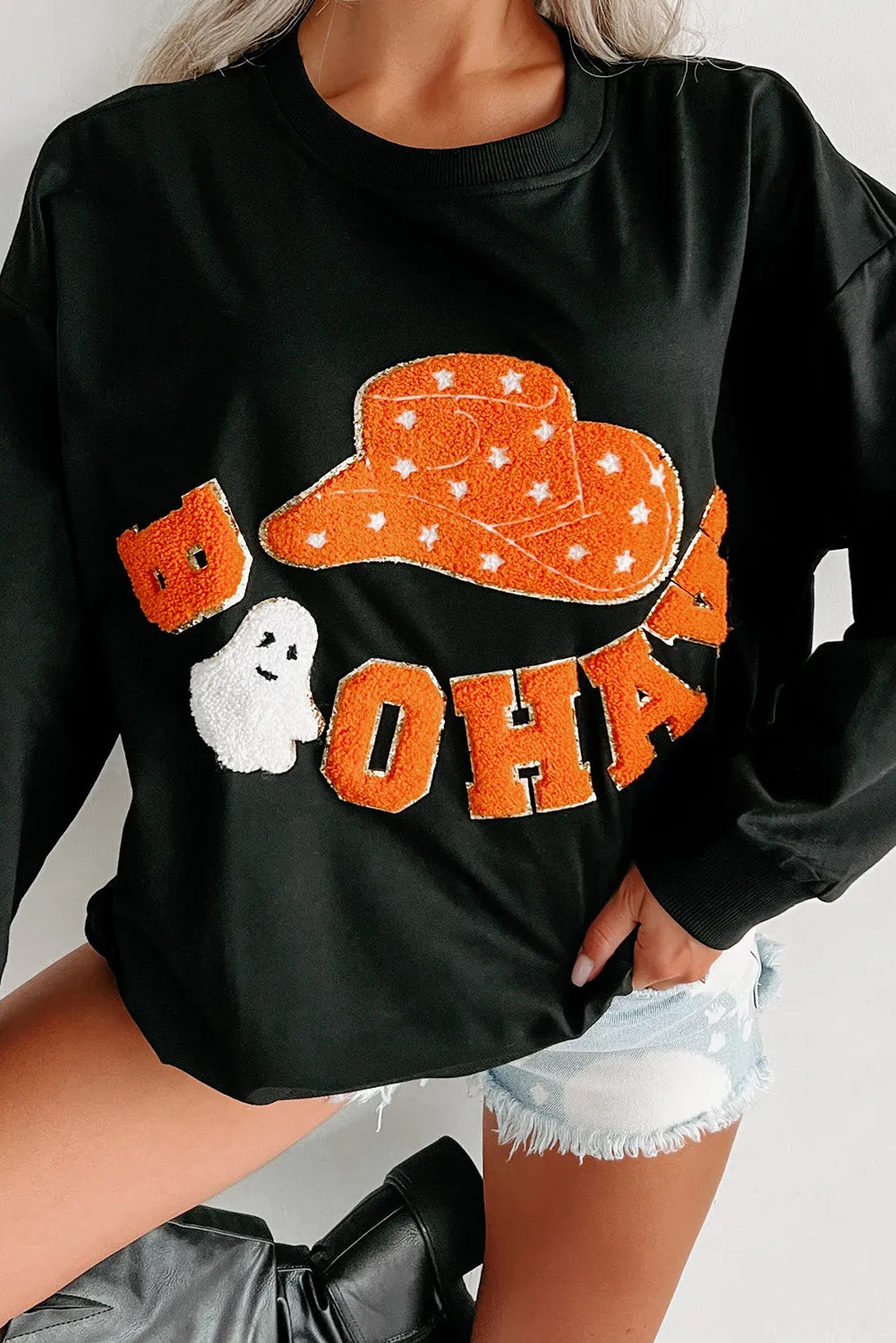 Black Cowboy Hat & Letters Graphic Sweatshirt