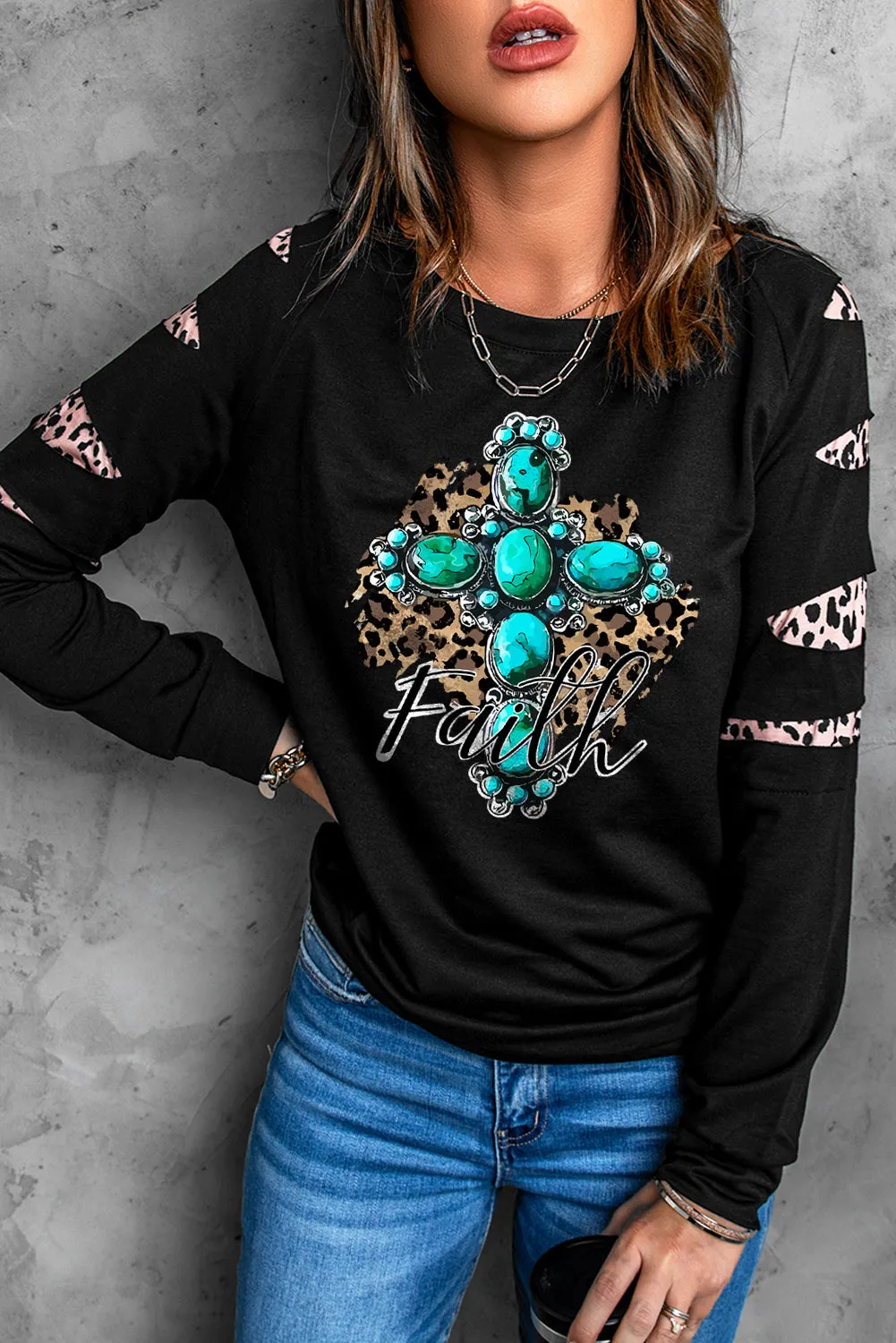 Black Faith Turquoise Graphic Leopard Cutout Sleeve Sweatshirt