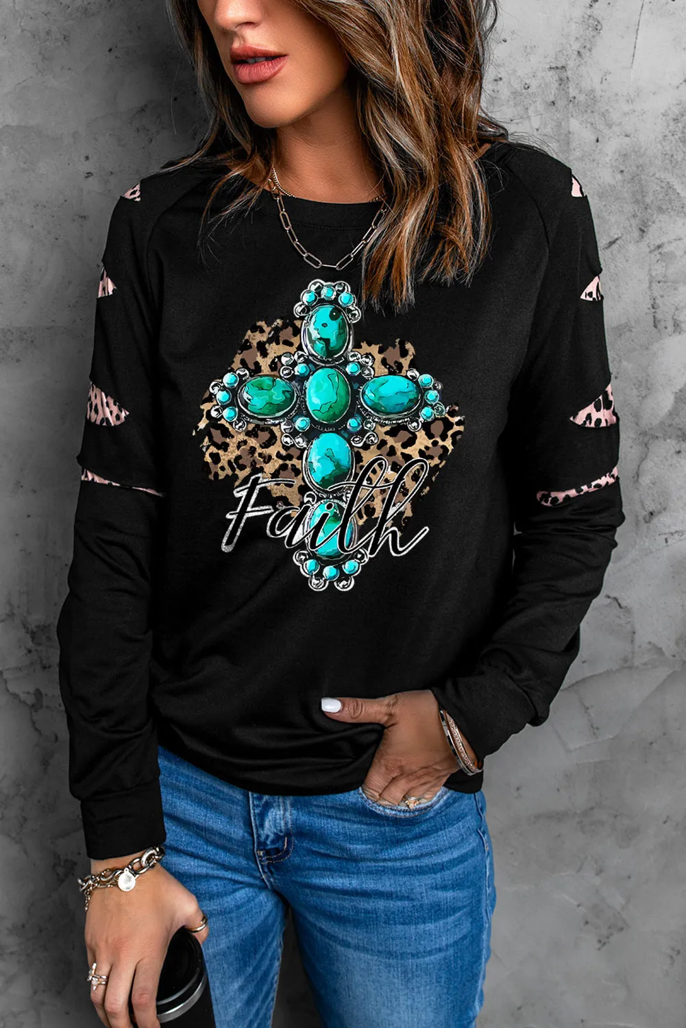 Black Faith Turquoise Graphic Leopard Cutout Sleeve Sweatshirt