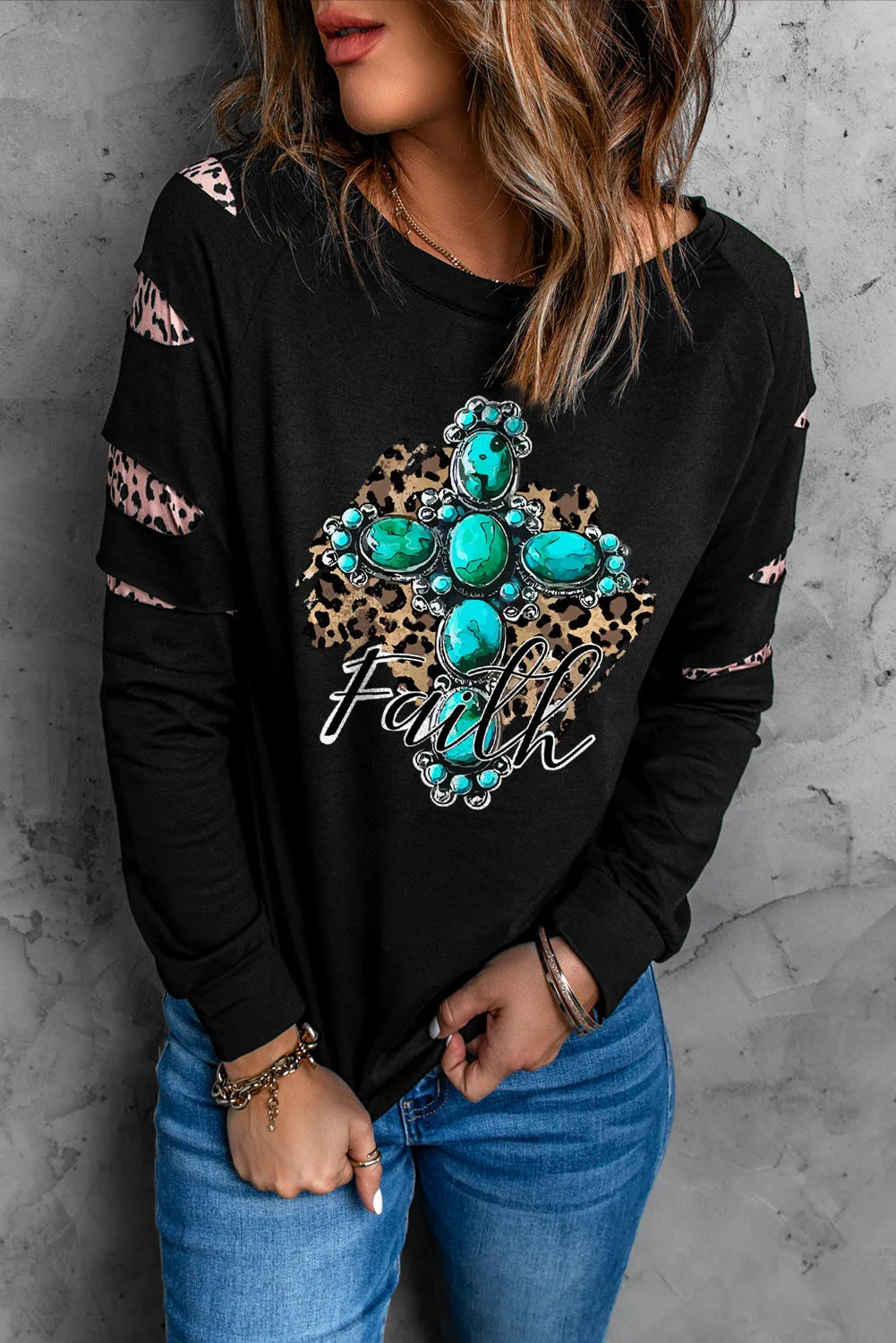 Black Faith Turquoise Graphic Leopard Cutout Sleeve Sweatshirt