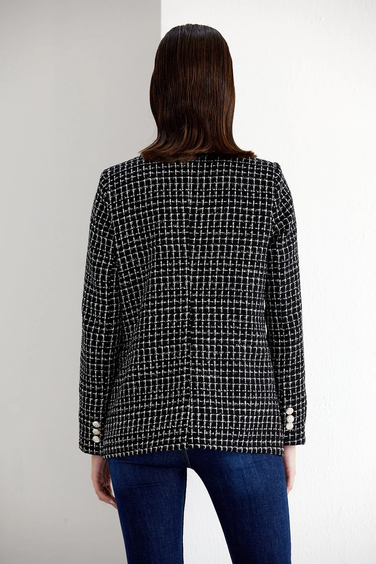 Black/White Check Tweed Double Breasted Blazer
