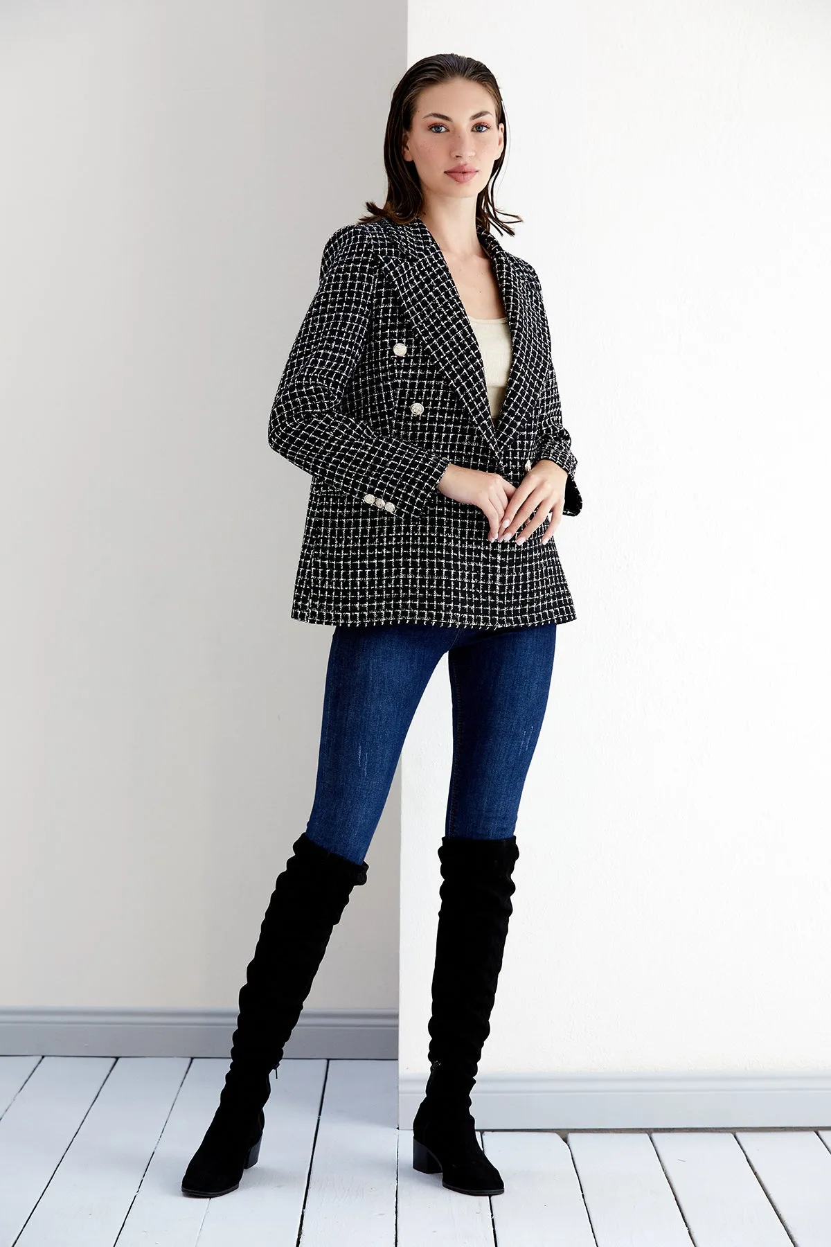 Black/White Check Tweed Double Breasted Blazer