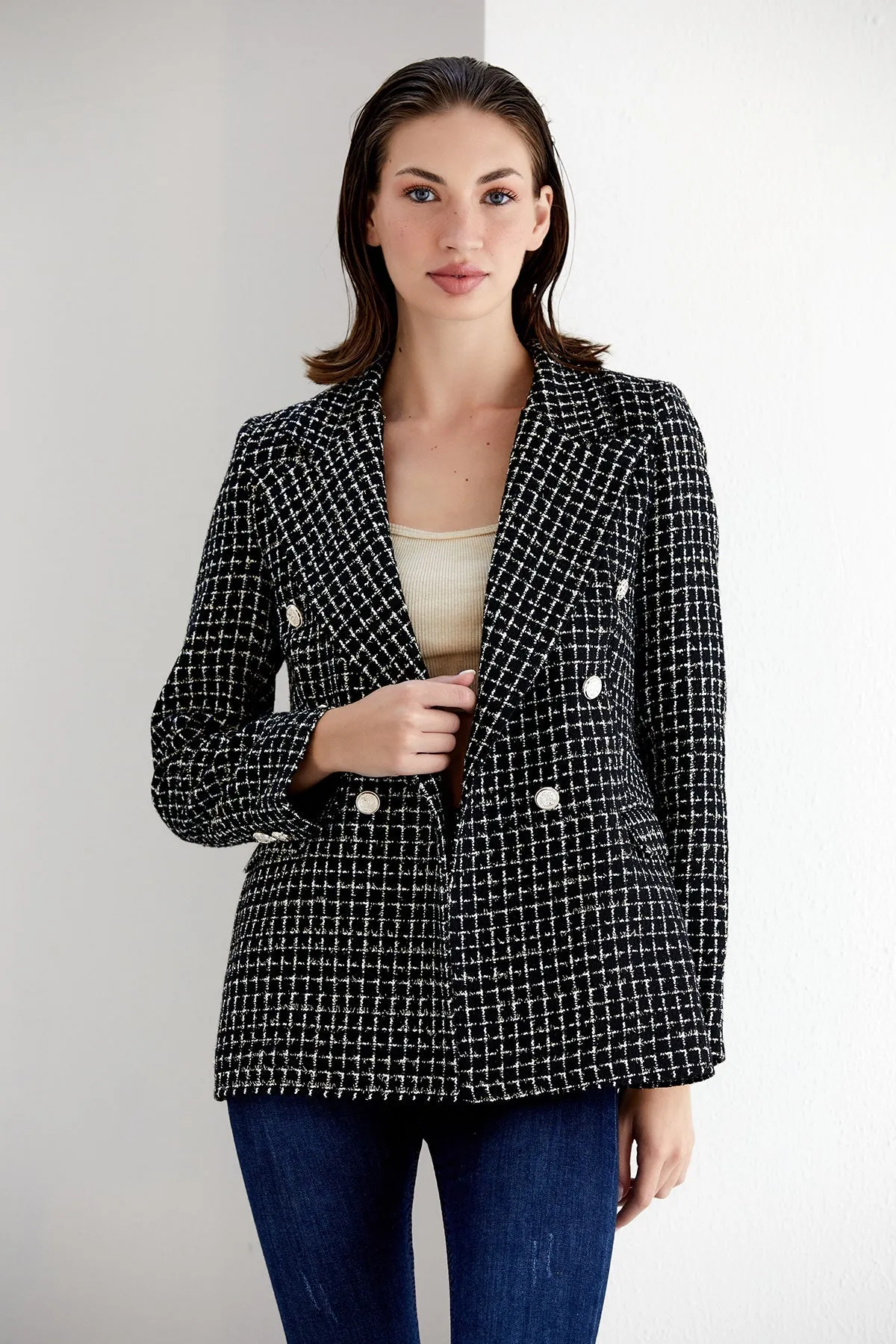 Black/White Check Tweed Double Breasted Blazer