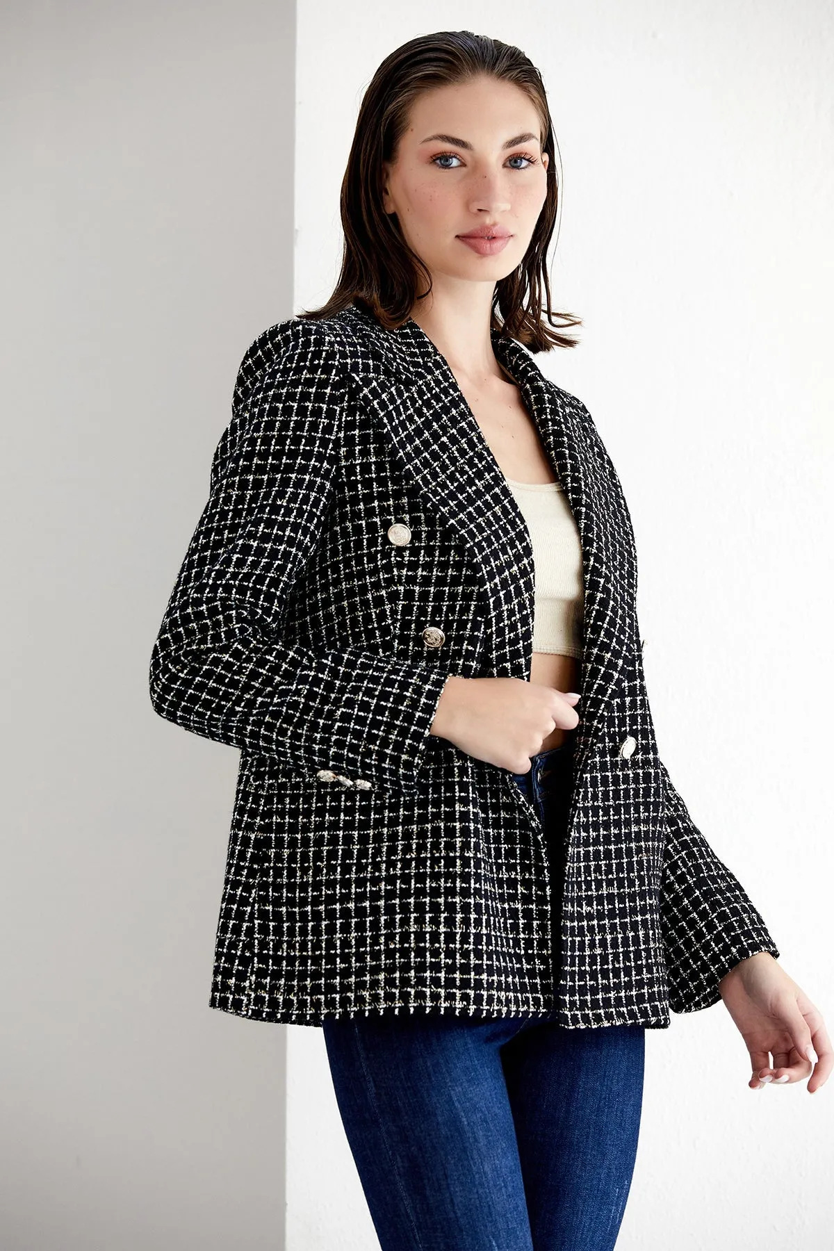 Black/White Check Tweed Double Breasted Blazer
