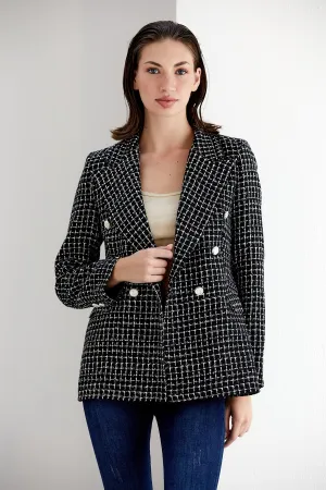 Black/White Check Tweed Double Breasted Blazer