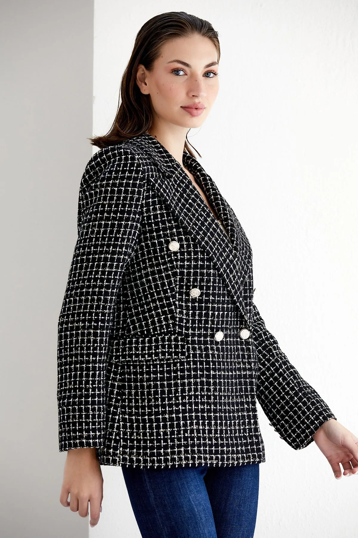 Black/White Check Tweed Double Breasted Blazer
