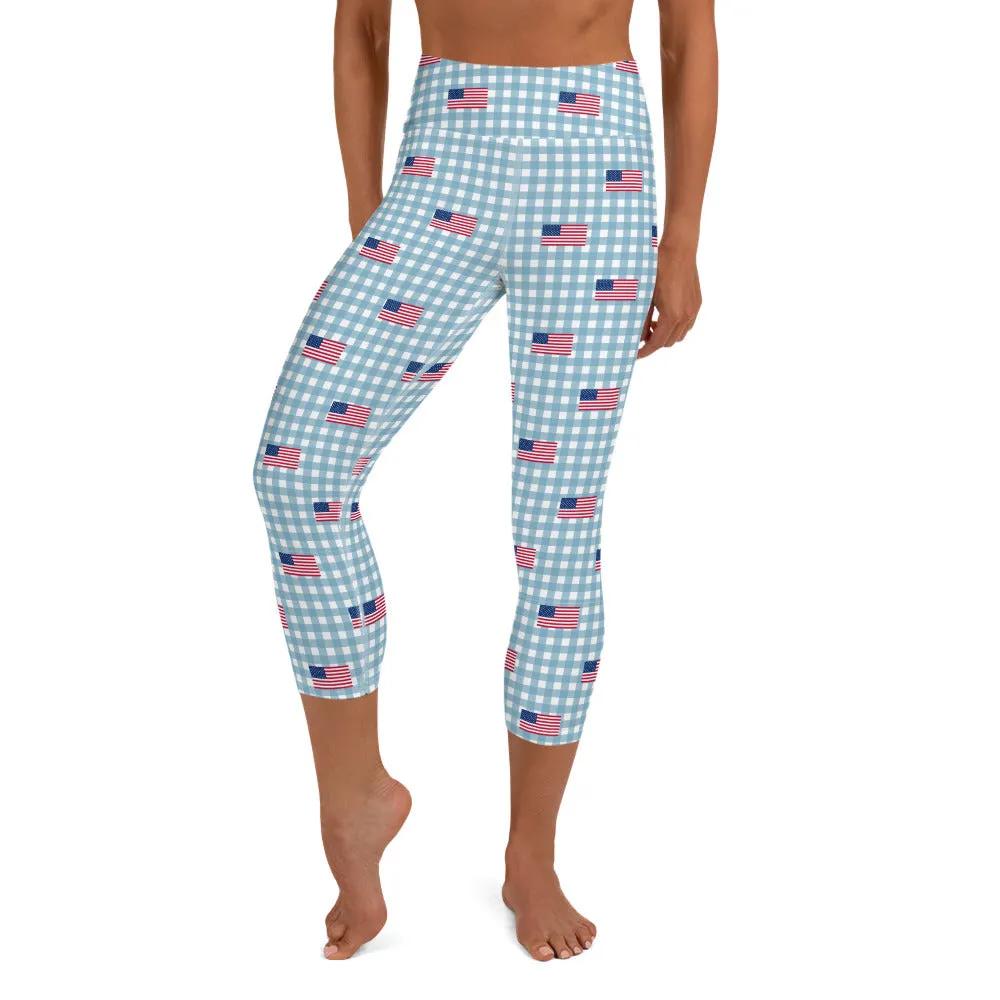 Blue American Flag Plaid High-waist Yoga Capri Leggings