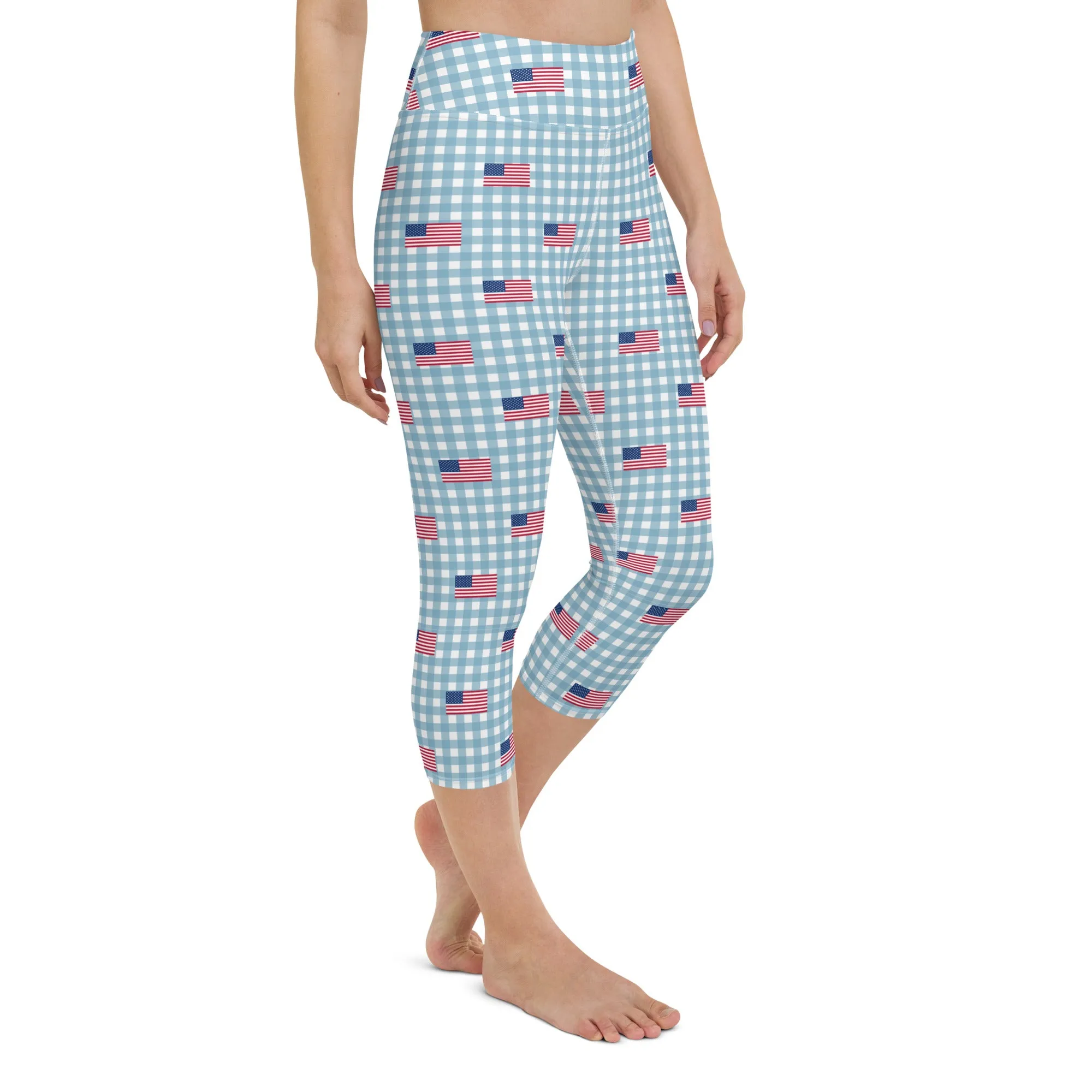 Blue American Flag Plaid High-waist Yoga Capri Leggings