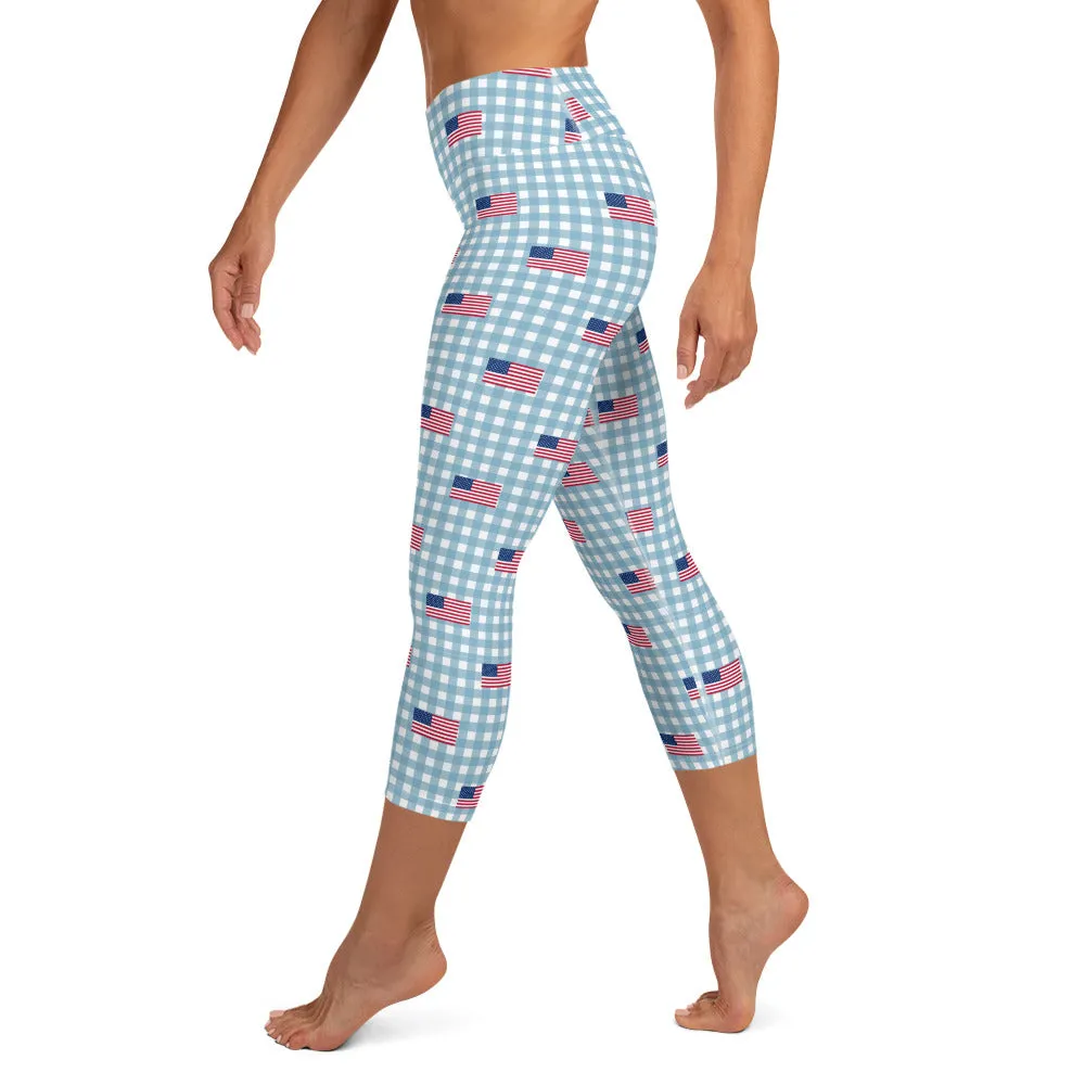Blue American Flag Plaid High-waist Yoga Capri Leggings