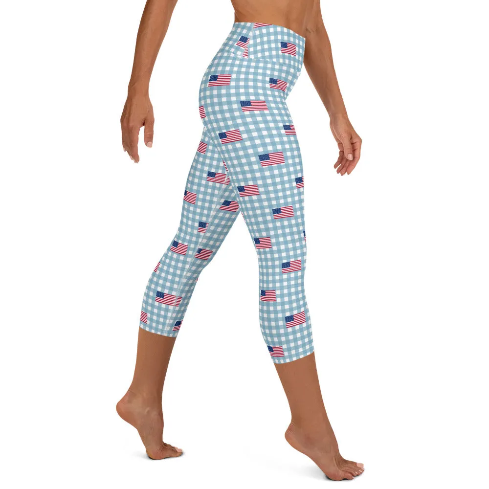 Blue American Flag Plaid High-waist Yoga Capri Leggings
