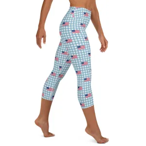 Blue American Flag Plaid High-waist Yoga Capri Leggings