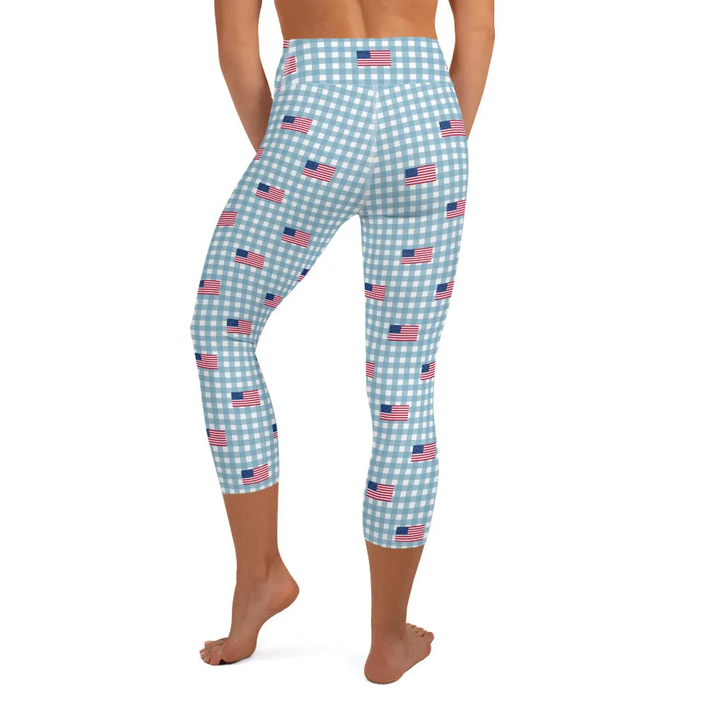Blue American Flag Plaid High-waist Yoga Capri Leggings