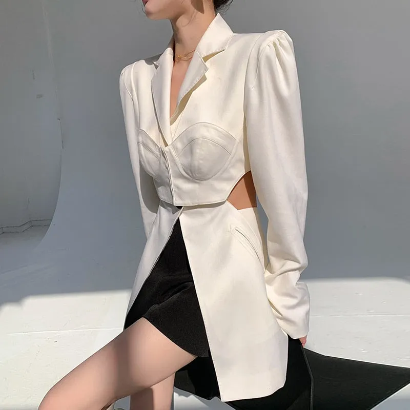 Casual Blazer For Women Notched Long Sleeve Hollow Out