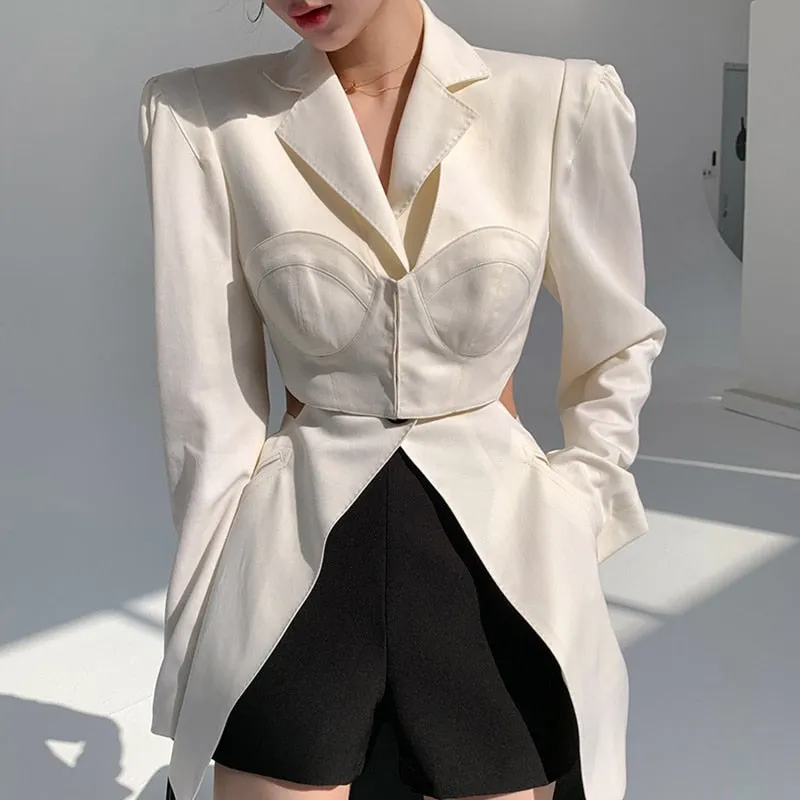 Casual Blazer For Women Notched Long Sleeve Hollow Out