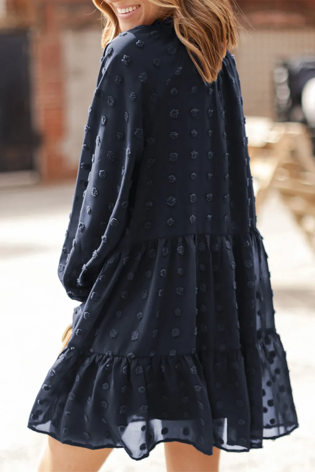 Dark Blue Swiss Dot Mesh Long Puff Sleeve Mini Dress