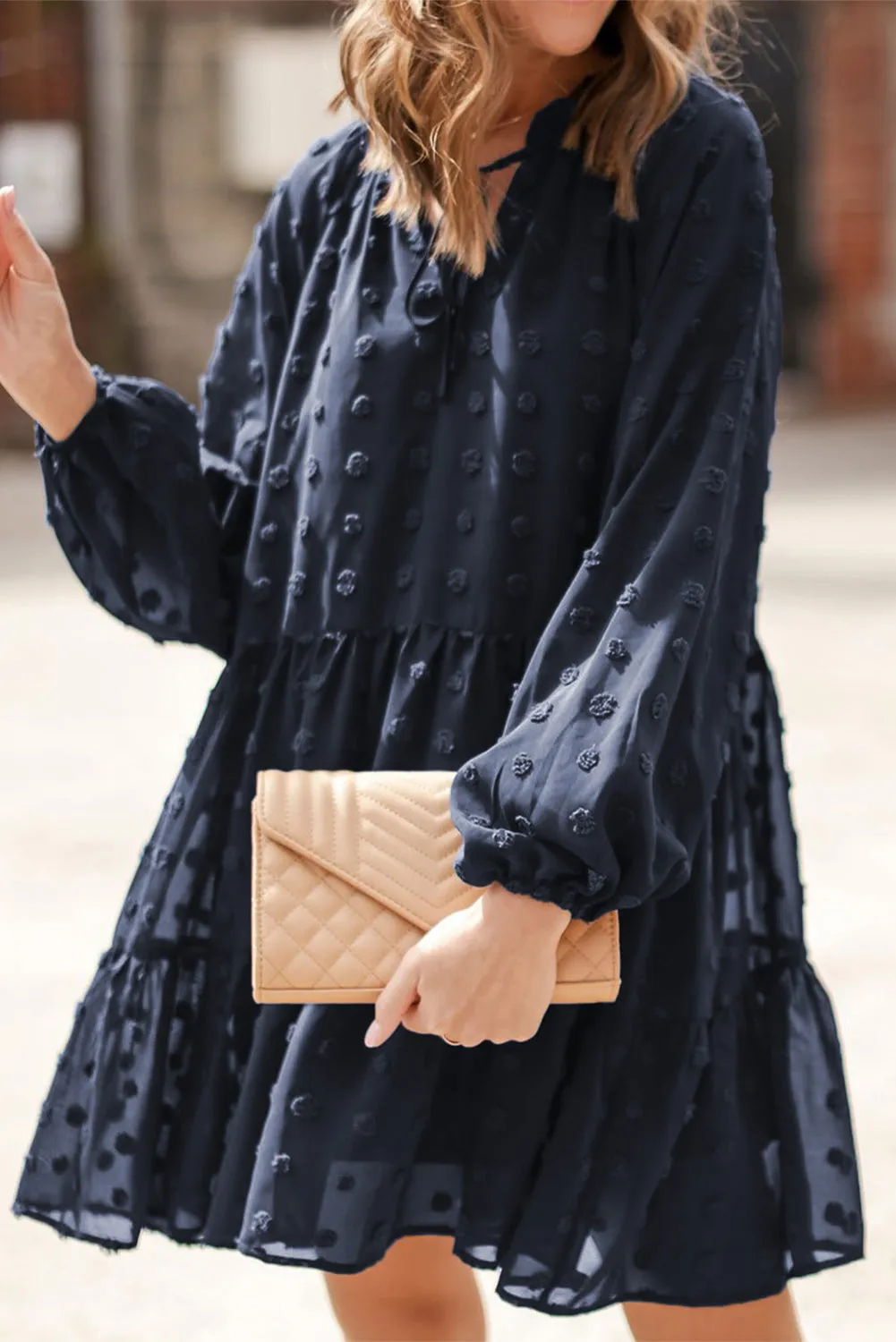 Dark Blue Swiss Dot Mesh Long Puff Sleeve Mini Dress