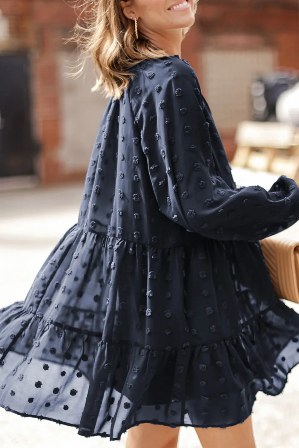 Dark Blue Swiss Dot Mesh Long Puff Sleeve Mini Dress
