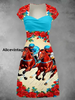 Derby Art Print Short Sleeve Vintage Midi Dress Derby Dress