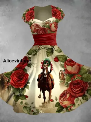 Derby Art Print V-Neck Short Sleeve Vintage Midi Dress Derby Dress