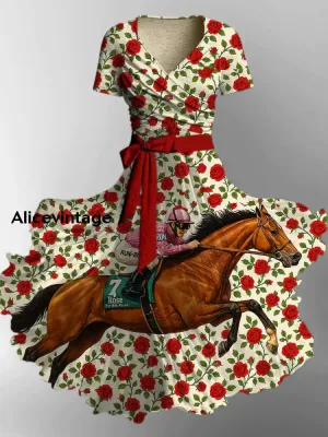 Derby Art Print V-Neck Short Sleeve Vintage Two-Piece Midi Dress Derby Dress