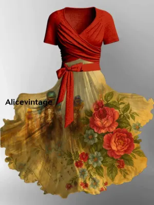 Derby Art Print V-neck Short Sleeve Vintage Two-Piece Midi Dress Derby Dress