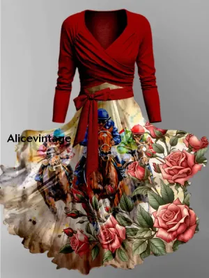 Derby Art Print Vintage Long Sleeve Two-Piece Midi Dress Derby Dress