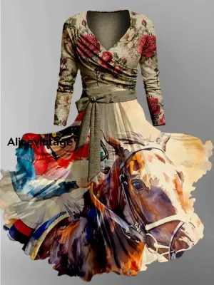 Derby Art Print Vintage V-neck Long Sleeve Two-Piece Midi Dress Derby Dress