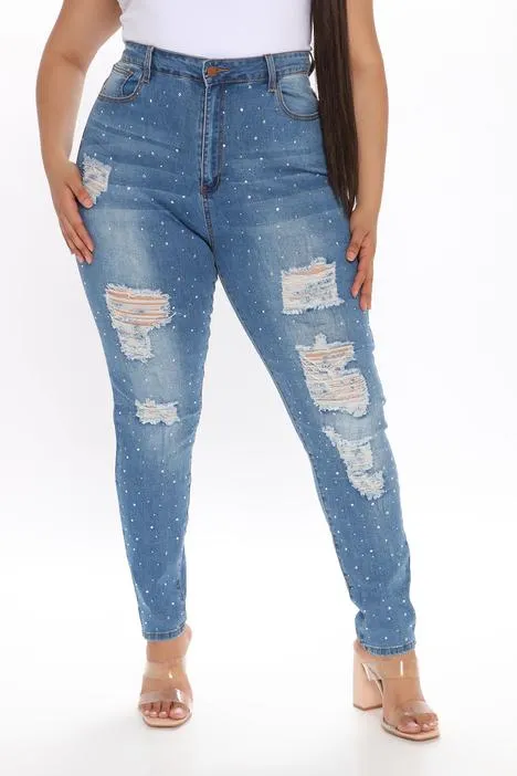 Embellished Rhinestone Skinny Jeans - Medium Blue Wash