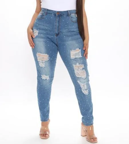 Embellished Rhinestone Skinny Jeans - Medium Blue Wash
