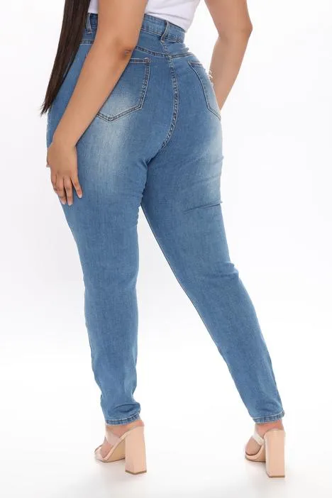 Embellished Rhinestone Skinny Jeans - Medium Blue Wash