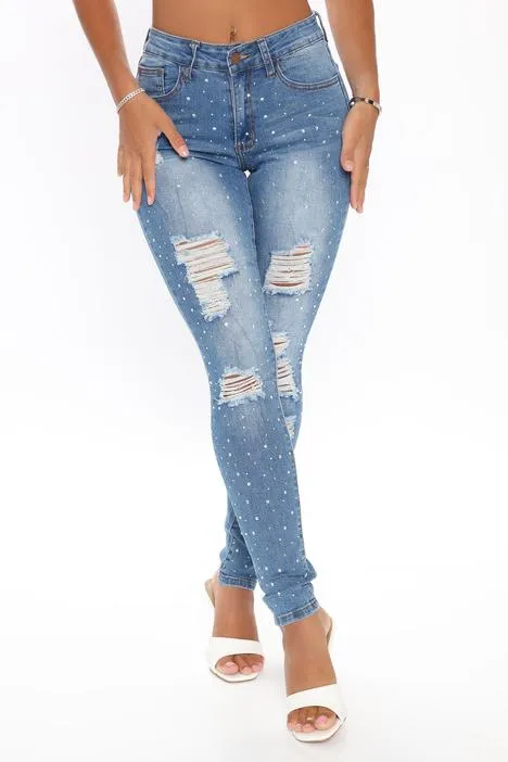 Embellished Rhinestone Skinny Jeans - Medium Blue Wash