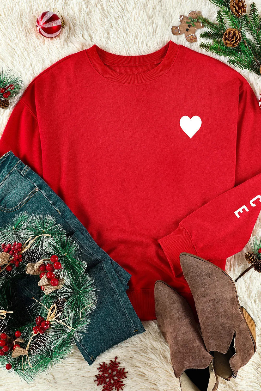 Fiery Red Letters Print Long Sleeve Pullover Sweatshirt