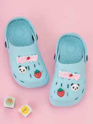 Fun Panda & Strawberry Charm Clogs with HAPPY Design for Girls – Light Blue