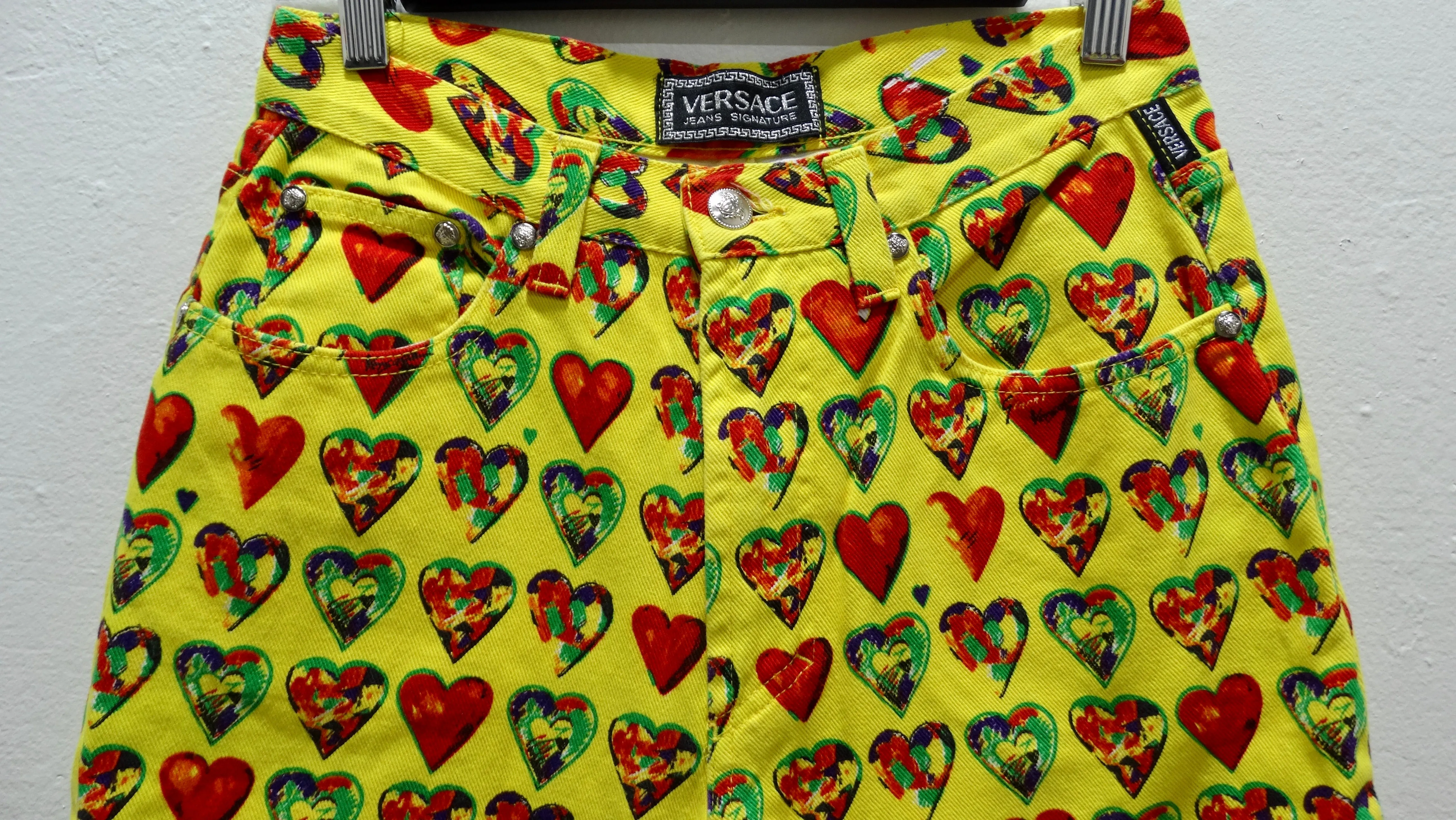 Gianni Versace Yellow Heart Print Jeans