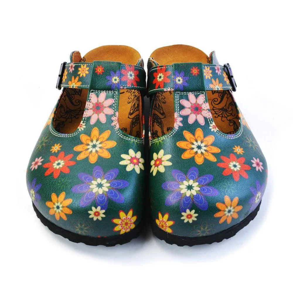 Green and Colored Mixed Flowers Patterned Clogs - CAL1504