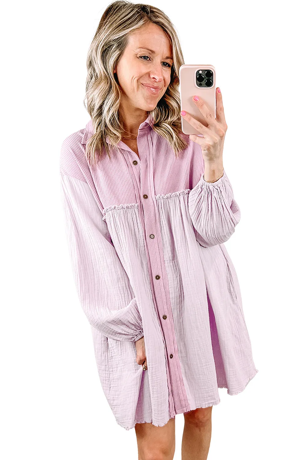 Green Patchwork Crinkle Puff Sleeve Shirt Dress
